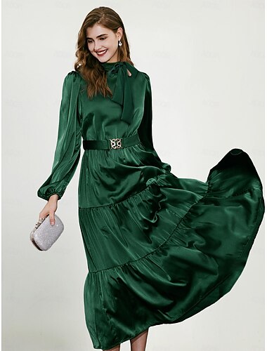 Green Elegant Party/Wedding Guest Ruffle Belted Tied Neck Long Sleeve Maxi Dress dress to impress 2024