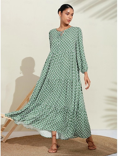 Women's A Line Dress Hem Maxi Maxi Dress Green Long Sleeve Geometic Geometrical Geometrical Spring V Neck Pattern Dress Simple fashion style Vacation S M L