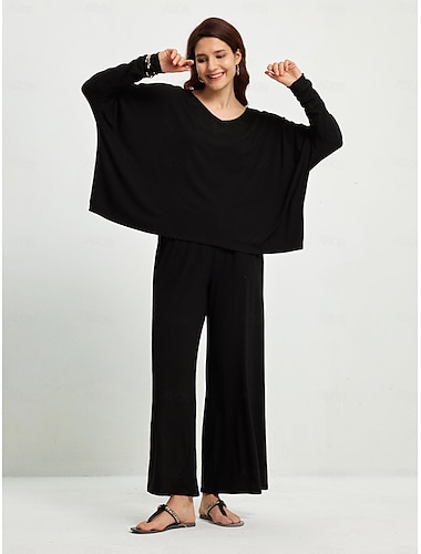 Solid Round Neck Loose Pants Set