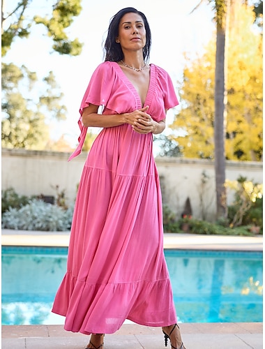 Women's Resort Maxi Dress Hot Pink V-Neck Elastic Waist A-Line Loose Fit Vacation Dress Dress Beach Cover Up