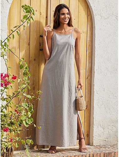 Women's Linen Cotton Maxi Dress Grey Casual Loose Fit Cami Resort Wear Vacation Dress