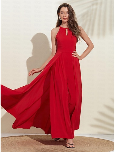 Women's Wedding Guest Wear Cocktail Party Red Semi Formal Elengant Romantic Halter Neck Open Back Jumpsuit dress to impress 2024