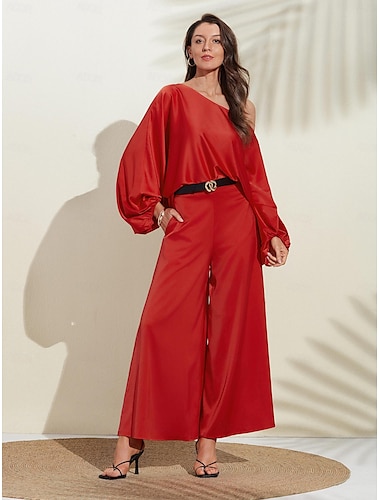 Satin Solid Puff Sleeve Cold Shoulder Culottes Suit