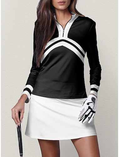 Women's Golf Polo Shirt Navy Black Long Sleeve Sun Protection Top Color Block Fall Winter Ladies Golf Attire Clothes Outfits Wear Apparel