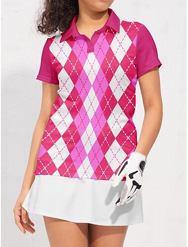 Women's Golf Polo Shirt Pink Green Short Sleeve Sun Protection Top Plaid Ladies Golf Attire Clothes Outfits Wear Apparel