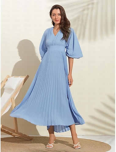 Women's Wedding Guest Dress Maxi Blue V-Neck Dolman Sleeve Pleated Chiffon