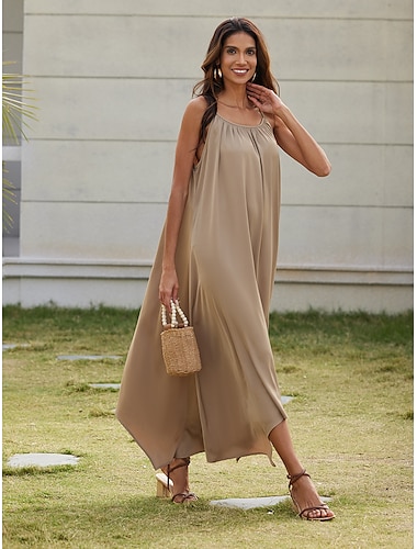 Women's Maxi Cami Dress Resort Wear Tan Satin Essential Casual Loose Fit Vacation Dress Summer