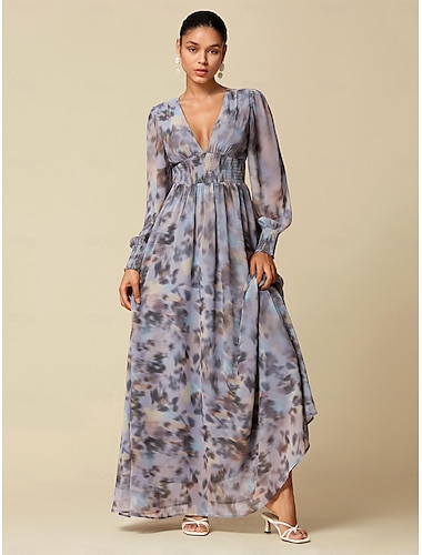 Women's Maxi Dress Wedding Guest Blue Long Sleeve Flower / Plants Chiffon Printing Spring &  Fall V Neck Pattern Dress Flying Dress Corset Dresses S M L