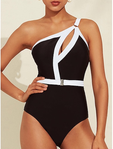 Hepburn Contrast Hole One Shoulder Swimsuit