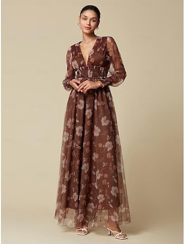 Floral Mesh V Neck Maxi Dress, Elegant Dresses for Wedding Guests