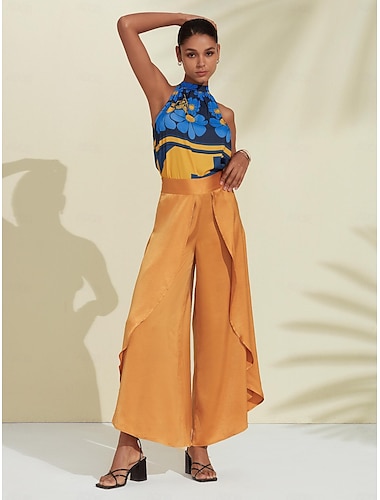 Geometic Flower Blouse & Satin High Pants Two-piece Set