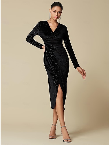  Black Velvet Party/Wedding Guest Ruched Split V Neck Long Sleeve Midi Dress dress to impress 2024