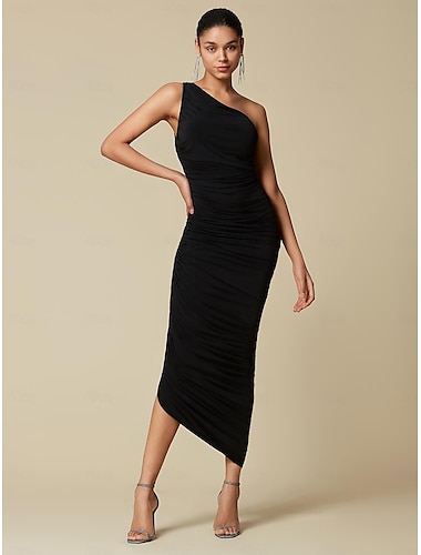 Robe mi-longue élégante noire à volants sans manches pour invité de fête/mariage, robe élégante à une épaule pour impressionner 2024