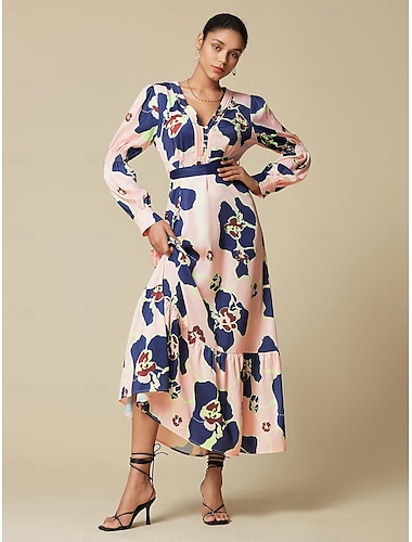 Satin Wedding Guest Floral V Neck Zip Tie Maxi Dress