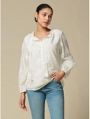 Women's Casual Cotton Embroidered Floral Blouse White Puff Sleeve Half Button Loose Fit Blouse