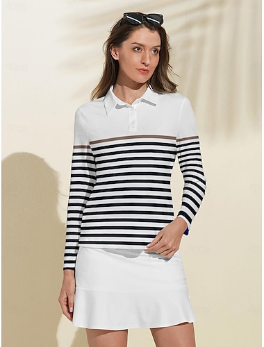  Women\'s Golf Polo Shirt White Long Sleeve Sun Protection Top Stripes Fall Winter Ladies Golf Attire Clothes Outfits Wear Apparel