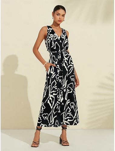 Satin Graphic Print V Neck Maxi Dress