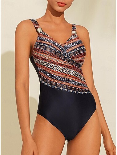 traje de baño de una pieza con cuello en v y triángulo floral