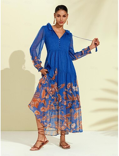 Chiffon Tropical Flowers Puff Sleeve Boho Dress