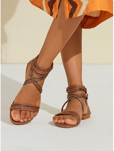 Women's Boho Beach Braided Strap Flat Sandals in Tan | Stylish Summer Comfort Footwear