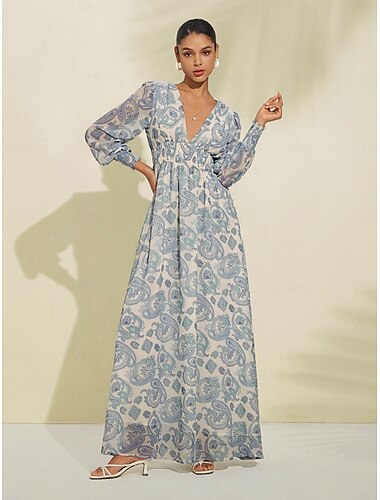 Mujer vestido de despedida de soltera Vestido de verano Vestido Estampado vestido largo vestido largo Azul Piscina Manga Larga Curvo Flores Botánica Flores tropicales Estilo Floral Estampado