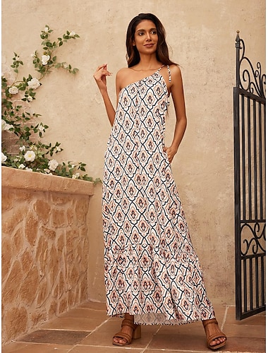 Geometric Ruffle One Shoulder Maxi Dress