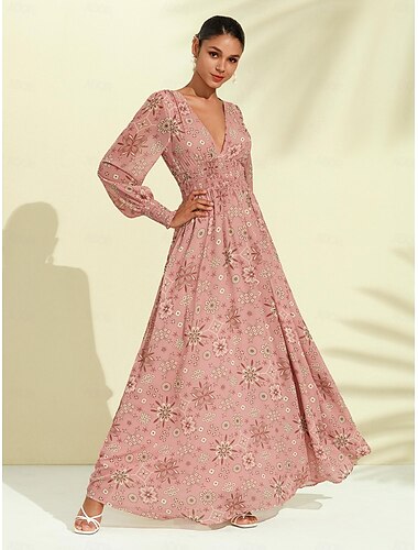 Chiffon Wedding Guest Elastic Waist Floral Maxi Dress