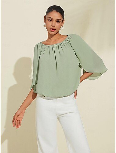 Women's Chiffon Daily Casual Green Boat Neck 3/4 Sleeve Loose Fit Blouse