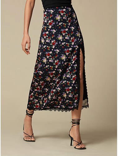 Satin Lace Trim Printed Terylene Midi Skirt