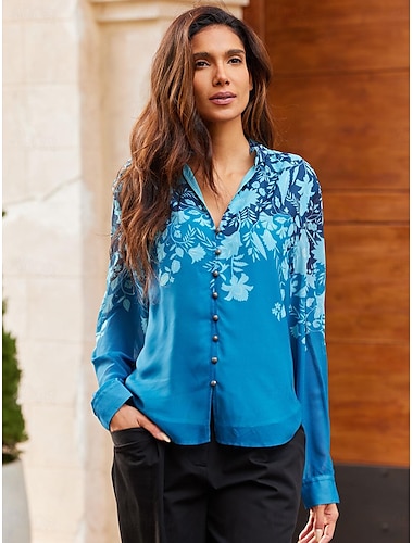 Satin Floral Ruffle Long Sleeve Blouse