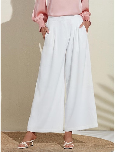 Women's Essential Trousers White Wide Leg Full Length Elastic Waist