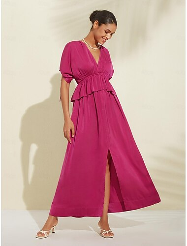 Women's Satin Special Occasion Fuchsia V-Neck Puff Sleeve Drawstring Maxi Wedding Guest Dress