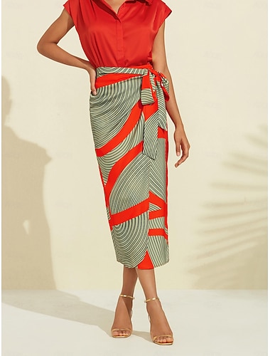 Satin Color Block Elastic Waist Midi Skirt