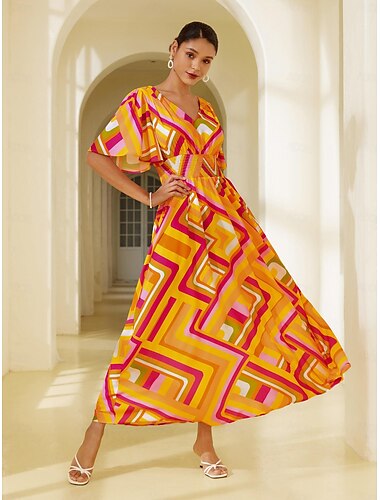 Chiffon Geometric V Neck Maxi Dress