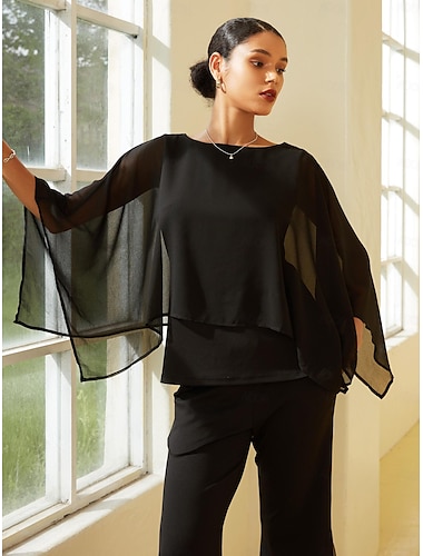 Modal Chiffon Crewneck Cape Sleeveless Top