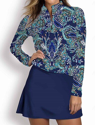  Women\'s Golf Polo Shirt Lake blue White Pink Long Sleeve Sun Protection Top Paisley Fall Winter Ladies Golf Attire Clothes Outfits Wear Apparel