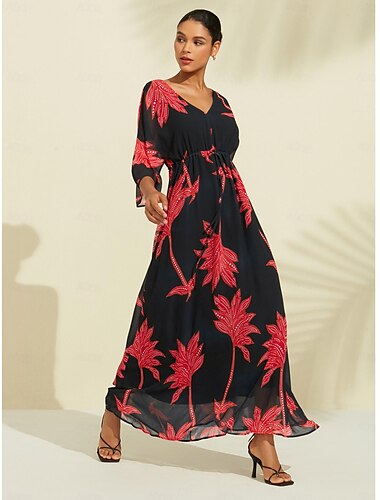 Women's Print Dress Maxi Dress Black 3/4 Length Sleeve Leaf Printing Flower / Plants Printing Spring & Summer V Neck Beach S M L