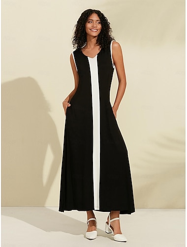 Women's Black Maxi Dress Modal Color Block Sleeveless V Neck A Line Knit Elegant Dress