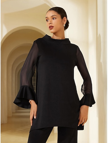 Per donna Blusa Chiffon Capitale Tinta unita / tinta unita Da tutti i giorni Appuntamento Per uscire Manica del polsino svasato Manica a rete Nero Bianco Manica lunga Elegante Casual quotidiano Uso