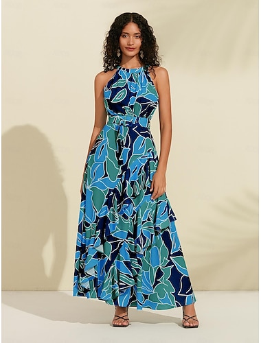 Femme Robe de Mousseline Robe Maxi Bleu Violet Sans Manches Floral A Volants Imprimé Printemps été Tour Robe Motif XS S M