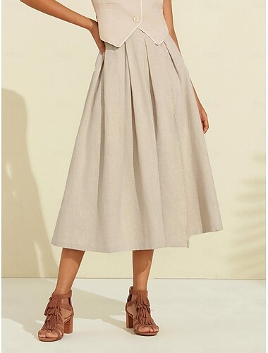 Women's Linen Blend Khaki Box Pleated Midi Skirt