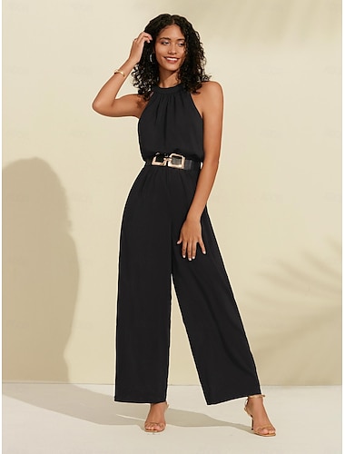 Women's Black Chiffon Halter Waisted Jumpsuit (Belt Included）