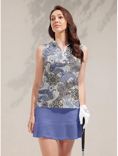 Women's Golf Polo Shirt Blue Sleeveless Top Paisley Ladies Golf Attire Clothes Outfits Wear Apparel