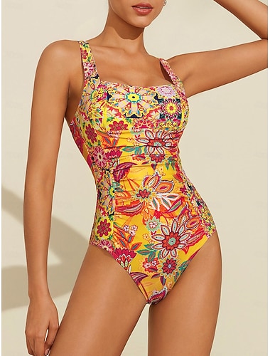 Mujer Bañadores Una pieza Traje de baño Acolchado extraíble Fruncido Damasco bohemio con estampado paisley Amarillo Cuadrado Trajes de baño Estampado nuevo Vacaciones Ropa de playa Estilo playero