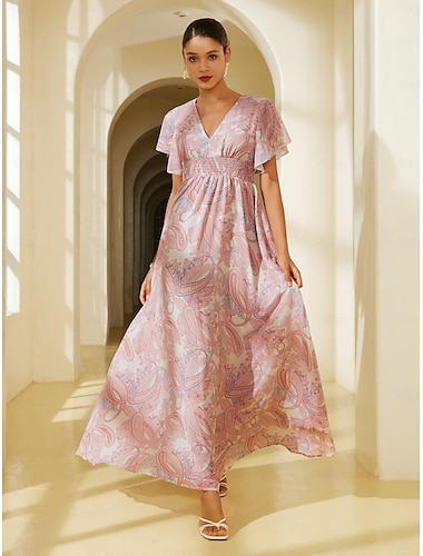 Chiffon Wedding Guest Floral V Neck Corset Maxi Dress