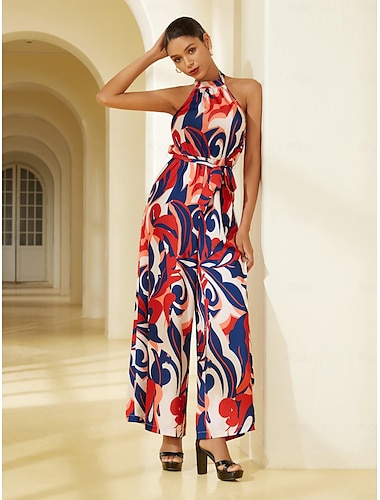 Satin Loose Floral Wide-leg Belted Jumpsuit