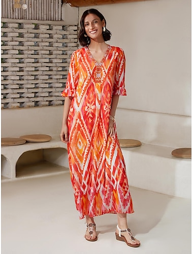 Chiffon Ethnic Print V Neck Midi Dress