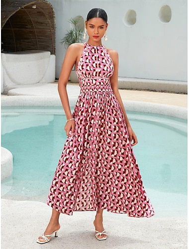 Femme Vêtements de villégiature Robe Maxi Rose Claire Sans Manches Géométrique Garniture en dentelle Printemps été Dos nu Elégant vacances à la plage S M L