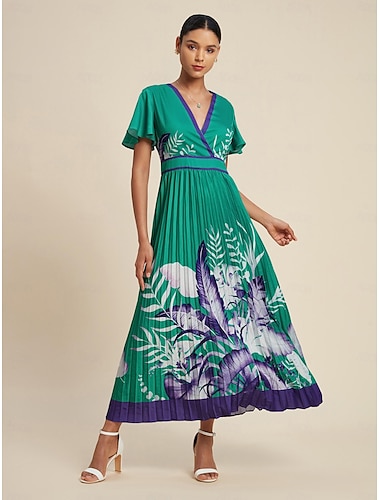 Satin Pleated Floral V Neck Maxi Dress