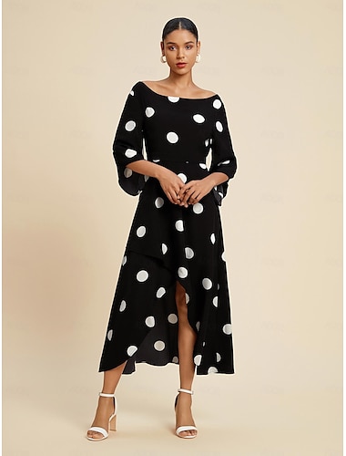 Women's Elegant Dress Midi Dress Black 3/4 Length Sleeve Polka dot print Asymetric Hem Off the Shoulder Spring & Summer Off Shoulder Elegant Romantic S M L